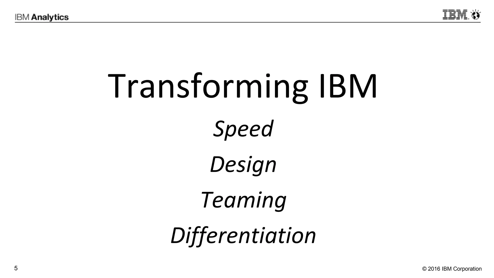 © 2016 IBM Corporation5
Transforming IBM
Speed
Design
Teaming
Differentiation
 