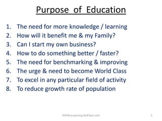 Purpose of Education
1.   The need for more knowledge / learning
2.
2    How will it benefit me & my Family?
3.   Can I start my own business?
4.
4    How t do
     H to d something b tt / f t ?
                      thi better faster?
5.   The need for benchmarking & improving
6.
6    The
     Th urge & need to b
                     d become W ld Cl
                                    World Class
7.   To excel in any particular field of activity
8.   To reduce growth rate of population
          d           h       f       l


                       WWW.eLearning-SoftTech.com   3
 
