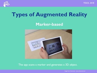 Types of Augmented Reality
Marker-based
The app scans a marker and generates a 3D object.
Image from Cleveroad - www.cleveroad.com
TESOL 2018
 