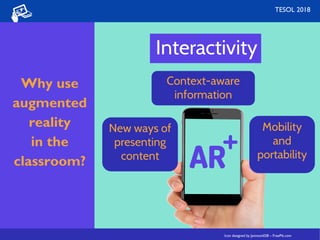 Interactivity
Icon designed by Jannoon028 – FreePik.com
New ways of
presenting
content
Mobility
and
portability
Context-aware
information
TESOL 2018
Why use 
augmented
reality
in the
classroom?
Icon designed by Jannoon028 – FreePik.com
 