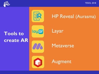 HP Reveal (Aurasma)
TESOL 2018
Tools to
create AR
Layar
Metaverse
Augment
 