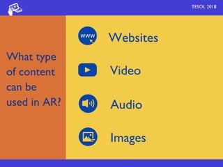 What type
of content
can be 
used in AR?
TESOL 2018
Websites
Video
Audio
Images
 