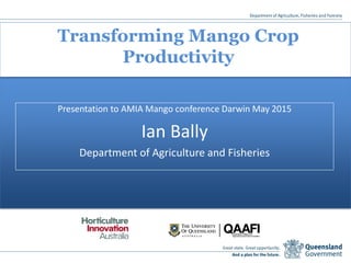 Transforming Mango Crop
Productivity
Presentation to AMIA Mango conference Darwin May 2015
Ian Bally
Department of Agriculture and Fisheries
 