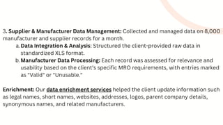 3. Supplier & Manufacturer Data Management: Collected and managed data on 8,000
manufacturer and supplier records for a month.
Data Integration & Analysis: Structured the client-provided raw data in
standardized XLS format.
a.
Manufacturer Data Processing: Each record was assessed for relevance and
usability based on the client’s specific MRO requirements, with entries marked
as "Valid" or "Unusable."
b.
Enrichment: Our data enrichment services helped the client update information such
as legal names, short names, websites, addresses, logos, parent company details,
synonymous names, and related manufacturers.
 
