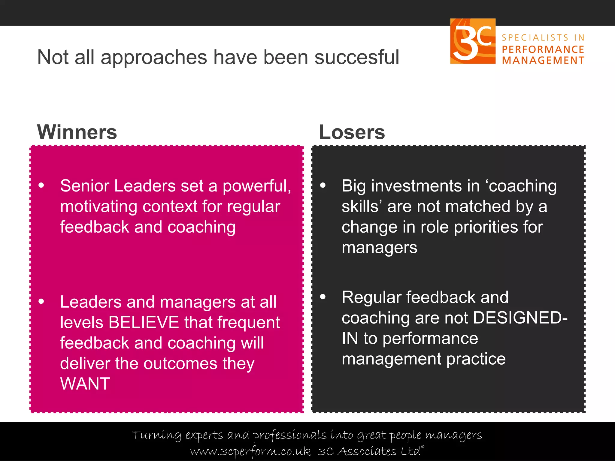 Copyright 3C Associates Ltd | info@3cperform.co.uk | T: +44 (0) 1491 411 544
Not all approaches have been succesful
Winners
• Senior Leaders set a powerful,
motivating context for regular
feedback and coaching
• Leaders and managers at all
levels BELIEVE that frequent
feedback and coaching will
deliver the outcomes they
WANT
Losers
• Big investments in ‘coaching
skills’ are not matched by a
change in role priorities for
managers
• Regular feedback and
coaching are not DESIGNED-
IN to performance
management practice
Turning experts and professionals into great people managers
www.3cperform.co.uk 3C Associates Ltd©
 
