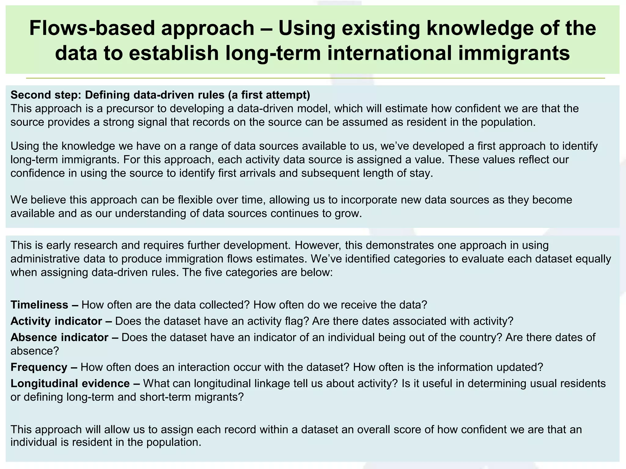 Second step: Defining data-driven rules (a first attempt)
This approach is a precursor to developing a data-driven model, which will estimate how confident we are that the
source provides a strong signal that records on the source can be assumed as resident in the population.
Using the knowledge we have on a range of data sources available to us, we’ve developed a first approach to identify
long-term immigrants. For this approach, each activity data source is assigned a value. These values reflect our
confidence in using the source to identify first arrivals and subsequent length of stay.
We believe this approach can be flexible over time, allowing us to incorporate new data sources as they become
available and as our understanding of data sources continues to grow.
This is early research and requires further development. However, this demonstrates one approach in using
administrative data to produce immigration flows estimates. We’ve identified categories to evaluate each dataset equally
when assigning data-driven rules. The five categories are below:
Timeliness – How often are the data collected? How often do we receive the data?
Activity indicator – Does the dataset have an activity flag? Are there dates associated with activity?
Absence indicator – Does the dataset have an indicator of an individual being out of the country? Are there dates of
absence?
Frequency – How often does an interaction occur with the dataset? How often is the information updated?
Longitudinal evidence – What can longitudinal linkage tell us about activity? Is it useful in determining usual residents
or defining long-term and short-term migrants?
This approach will allow us to assign each record within a dataset an overall score of how confident we are that an
individual is resident in the population.
Flows-based approach – Using existing knowledge of the
data to establish long-term international immigrants
 