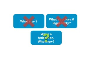 What size ?
What structure &
legal entity?
We’re a
federation.
What now??
 