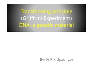 Transforming principle
(Griffith’s Experiment)
DNA- a genetic material
By-Dr R K Upadhyay
 
