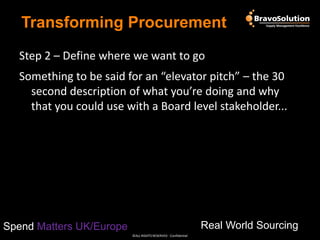 Transforming Procurement
Step 2 – Define where we want to go
Something to be said for an “elevator pitch” – the 30
second description of what you’re doing and why
that you could use with a Board level stakeholder...

Real World Sourcing

Spend Matters UK/Europe
©ALL RIGHTS RESERVED - Confidential

 