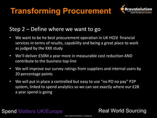 Transforming Procurement
Step 2 – Define where we want to go
• We want to be he best procurement operation in UK HQ’d financial
services in terms of results, capability and being a great place to work
as judged by the XXX study
• We’ll deliver £50M a year more in measurable cost reduction AND
contribute to the business top-line
• We will improve our survey ratings from suppliers and internal users by
20 percentage points

• We will put in place a controlled but easy to use “no PO no pay” P2P
system, linked to spend analytics so we can see exactly where our £2B
a year spend is going

Real World Sourcing

Spend Matters UK/Europe
©ALL RIGHTS RESERVED - Confidential

 