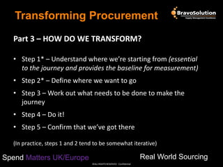 Transforming Procurement
Part 3 – HOW DO WE TRANSFORM?
• Step 1* – Understand where we’re starting from (essential
to the journey and provides the baseline for measurement)
• Step 2* – Define where we want to go

• Step 3 – Work out what needs to be done to make the
journey
• Step 4 – Do it!
• Step 5 – Confirm that we’ve got there
(In practice, steps 1 and 2 tend to be somewhat iterative)

Real World Sourcing

Spend Matters UK/Europe
©ALL RIGHTS RESERVED - Confidential

 