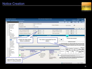 26
Creation of Detailed Estimate for Technical Sanction
2
The detailed estimate can be prepared the same way as we did for Administrative Approval. The
work abstract, measurement sheets, item wise cost break up reports can be generated.
The estimate prepared at the time
of Administrative Approval can be
imported directly.
Various Reports like work
abstract, measurement
sheets, item wise cost break up
can be generated.
 
