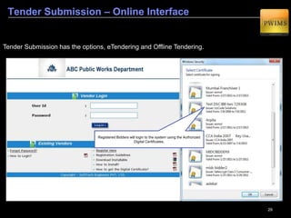 29
Fees & Deposits
2
System has provision to define fees, deposits, Payment terms & Conditions and most importantly
Earnest Money Deposit and Security Deposit for the tender.
Earnest Money Deposit can
be decided.
Security Deposit can be decided.
 