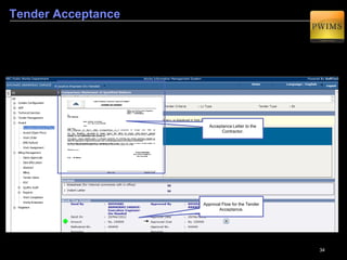 34
Tender Submission – Online Interface
3
Tender Submission has the options, eTendering and Offline Tendering.
Registered Bidders will login to the system using the Authorized
Digital Certificates.
 