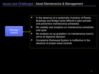 9
Issues and Challenges –Asset Maintenance & Management
Manage
Assets
 In the absence of a systematic inventory of Roads,
Buildings and Bridge cards difficult to plan periodic
and preventive maintenance schedules
 No visibility and analytics on maintenance schedules
and cycle
 No analysis on up gradation v/s maintenance cost to
arrive at objective decision
 Complaints Redressal System is ineffective in the
absence of proper asset controls
 