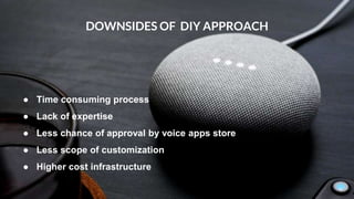 ● Time consuming process
● Lack of expertise
● Less chance of approval by voice apps store
● Less scope of customization
●...