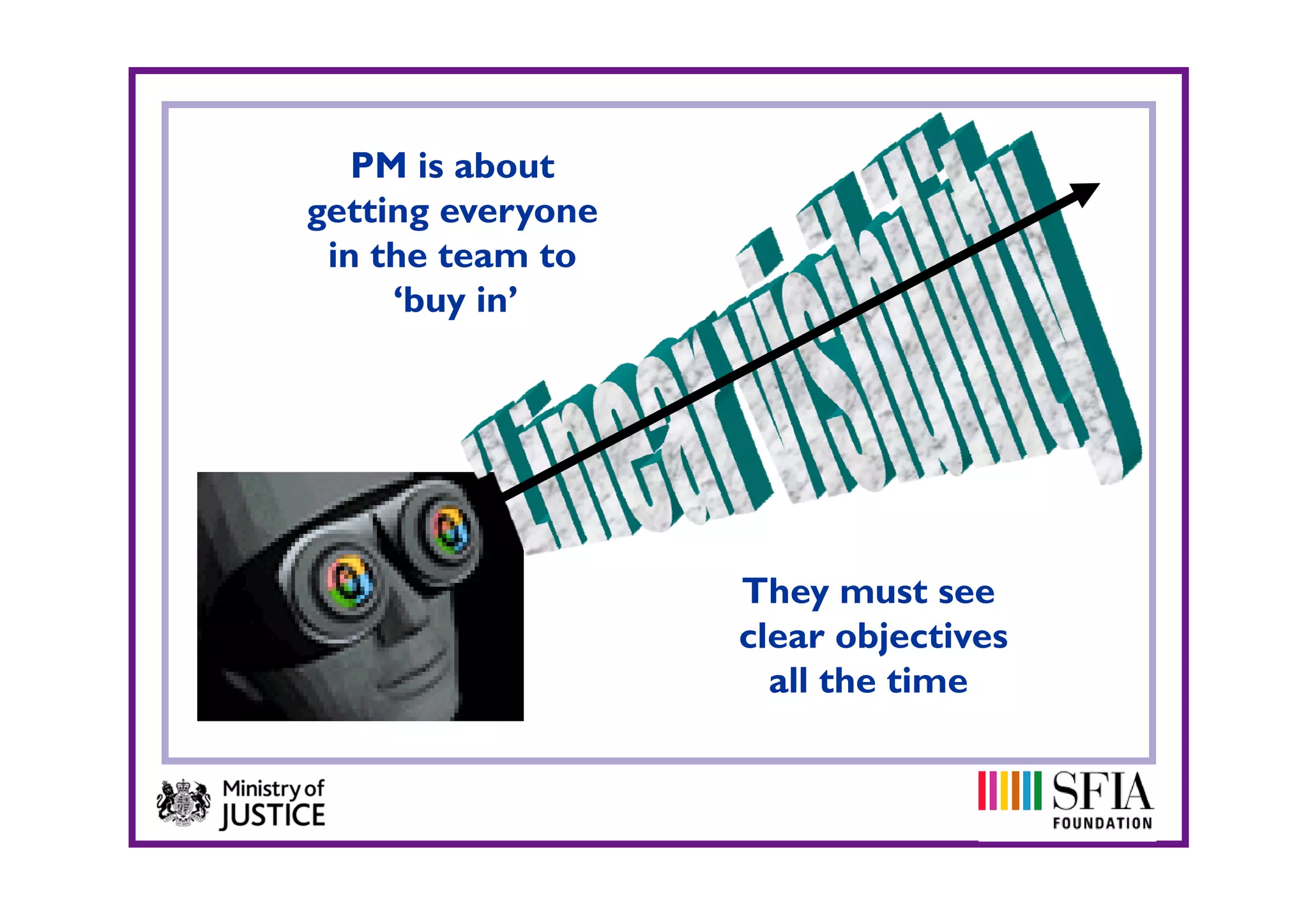 PM is about
getting everyone
 in the team to
     ‘buy in’




                   They must see
                   clear objectives
                     all the time
                      ll th ti
 