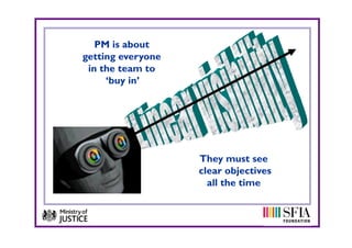 PM is about
getting everyone
 in the team to
     ‘buy in’




                   They must see
                   clear objectives
                     all the time
                      ll th ti
 