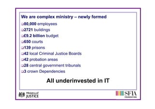 We are complex ministry – newly formed
 80,000 employees
 2721 buildings
 £9.2 billion budget
 650 courts
 139 prisons
 42 local Criminal Justice Boards
 42 probation areas
 28 central government tribunals
            g
 3 crown Dependencies

             All underinvested in IT
                   d i     t di
 
