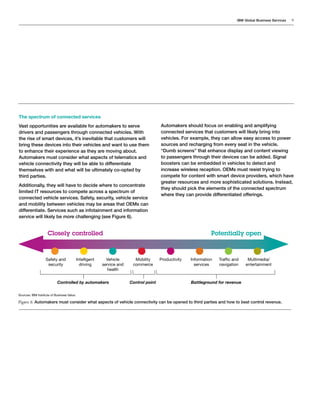 IBM Global Business Services   9




The spectrum of connected services
Vast opportunities are available for automakers to serve                                Automakers should focus on enabling and amplifying
drivers and passengers through connected vehicles. With                                 connected services that customers will likely bring into
the rise of smart devices, it’s inevitable that customers will                          vehicles. For example, they can allow easy access to power
bring these devices into their vehicles and want to use them                            sources and recharging from every seat in the vehicle.
to enhance their experience as they are moving about.                                   “Dumb screens” that enhance display and content viewing
Automakers must consider what aspects of telematics and                                 to passengers through their devices can be added. Signal
vehicle connectivity they will be able to differentiate                                 boosters can be embedded in vehicles to detect and
themselves with and what will be ultimately co-opted by                                 increase wireless reception. OEMs must resist trying to
third parties.                                                                          compete for content with smart device providers, which have
                                                                                        greater resources and more sophisticated solutions. Instead,
Additionally, they will have to decide where to concentrate
                                                                                        they should pick the elements of the connected spectrum
limited IT resources to compete across a spectrum of
                                                                                        where they can provide differentiated offerings.
connected vehicle services. Safety, security, vehicle service
and mobility between vehicles may be areas that OEMs can
differentiate. Services such as infotainment and information
service will likely be more challenging (see Figure 6).


                    Closely controlled                                                                           Potentially open



                   Safety and               Intelligent     Vehicle       Mobility      Productivity   Information   Traffic and    Multimedia/
                    security                  driving     service and    commerce                        services    navigation    entertainment
                                                            health


                           Controlled by automakers                     Control point                  Battleground for revenue

Sources: IBM Institute of Business Value.

Figure 6: Automakers must consider what aspects of vehicle connectivity can be opened to third parties and how to best control revenue.
 
