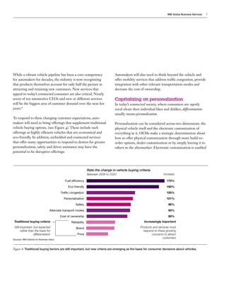 IBM Global Business Services   5




While a vibrant vehicle pipeline has been a core competency                           Automakers will also need to think beyond the vehicle and
for automakers for decades, the industry is now recognizing                           offer mobility services that address traffic congestion, provide
that products themselves account for only half the picture in                         integration with other relevant transportation modes and
attracting and retaining new customers. New services that                             decrease the cost of ownership.
appeal to today’s connected consumer are also critical. Nearly
seven of ten automotive CEOs said new or different services                           Capitalizing on personalization
will be the biggest area of customer demand over the next few                         In today’s connected society, where consumers are openly
years.8                                                                               vocal about their individual likes and dislikes, differentiation
                                                                                      usually means personalization.
To respond to these changing customer expectations, auto-
makers will need to bring offerings that supplement traditional                       Personalization can be considered across two dimensions: the
vehicle buying options. (see Figure 4). These include such                            physical vehicle itself and the electronic customization of
offerings as highly efficient vehicles that are economical and                        everything in it. OEMs make a strategic determination about
eco-friendly. In addition, embedded and connected services                            how to offer physical customization through more build-to-
that offer many opportunities to respond to desires for greater                       order options, dealer customization or by simply leaving it to
personalization, safety and driver assistance may have the                            others in the aftermarket. Electronic customization is enabled
potential to be disruptive offerings.




                                                                   Rate the change in vehicle buying criteria
                                                                   Between 2008 to 2020                                  Increase

                                                Fuel efficiency                                                             170%

                                                  Eco-friendly                                                              160%

                                             Traffic congestion                                                             105%

                                               Personalization                                                              101%

                                                        Safety                                                               96%

                                    Alternate transport modes                                                                95%

                                             Cost of ownership                                                               89%
 Traditional buying criteria                         Reliability                                           Increasingly important
 Still important, but expected                           Brand                                          Products and services must
        rather than the basis for                                                                         respond to these growing
                   differentiation                        Price                                                 concerns to attract
Sources: IBM Institute for Business Value.
                                                                                                                        customers


Figure 4: Traditional buying factors are still important, but new criteria are emerging as the basis for consumer decisions about vehicles.
 