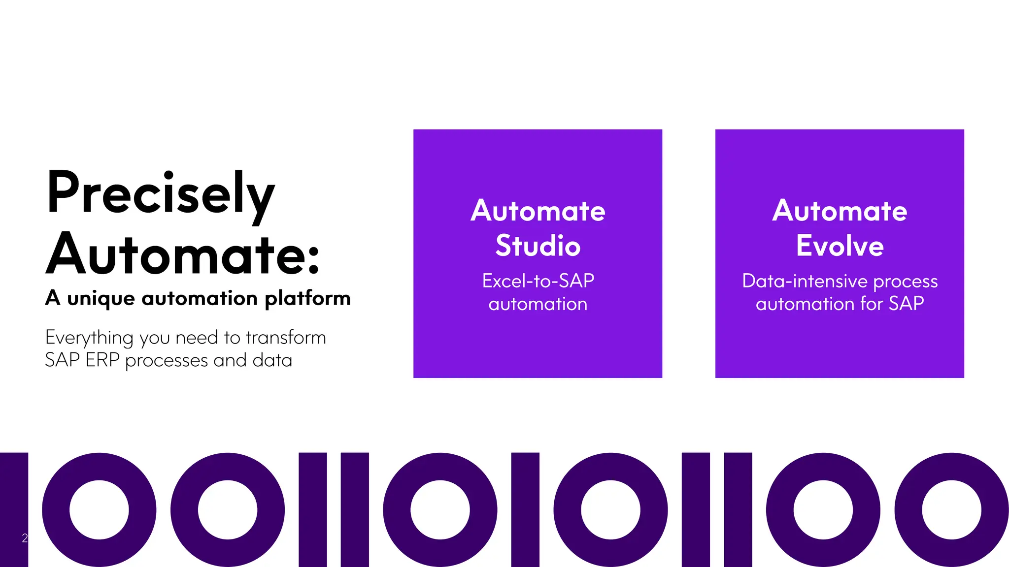 22 Automate Studio Excel -to-SAP automation Automate Evolve Data -intensive process automation for SAP Precisely Automate: A unique automation platform Everything you need to transform SAP ERP processes and data 