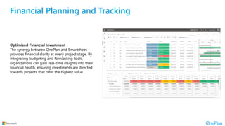 Financial Planning and Tracking
Optimized Financial Investment
The synergy between OnePlan and Smartsheet
provides financial clarity at every project stage. By
integrating budgeting and forecasting tools,
organizations can gain real-time insights into their
financial health, ensuring investments are directed
towards projects that offer the highest value.
 