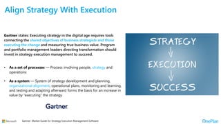 Align Strategy With Execution
Gartner states: Executing strategy in the digital age requires tools
connecting the shared objectives of business strategists and those
executing the change and measuring true business value. Program
and portfolio management leaders directing transformation should
invest in strategy execution management to succeed.
• As a set of processes — Process involving people, strategy and
operations
• As a system — System of strategy development and planning,
organizational alignment, operational plans, monitoring and learning,
and testing and adapting afterward forms the basis for an increase in
value by “executing” the strategy
Gartner: Market Guide for Strategy Execution Management Software
 