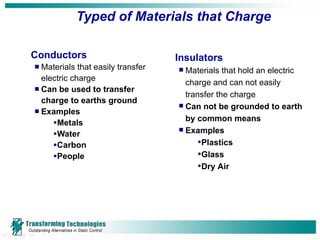 Typed of Materials that Charge Conductors Materials that easily transfer electric charge Can be used to transfer charge to earths ground Examples Metals Water Carbon People Insulators Materials that hold an electric charge and can not easily transfer the charge  Can not be grounded to earth by common means Examples Plastics Glass Dry Air . . 