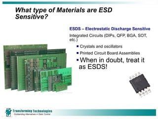 What type of Materials are ESD Sensitive? ESDS – Electrostatic Discharge Sensitive Integrated Circuits (DIPs, QFP, BGA, SOT, etc.) Crystals and oscillators Printed Circuit Board Assemblies  When in doubt, treat it as ESDS! 