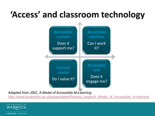 ‘Access’ and classroom technology
Accessible
content
Does it
support me?
Accessible
interface
Can I work
it?
Cultural
capital
Do I value it?
Accessible
task
Does it
engage me?
Adapted from JISC, A Model of Accessible M-Learning:
http://www.jisctechdis.ac.uk/pages/detail/floating_pages/A_Model_of_Accessible_m-learning
 