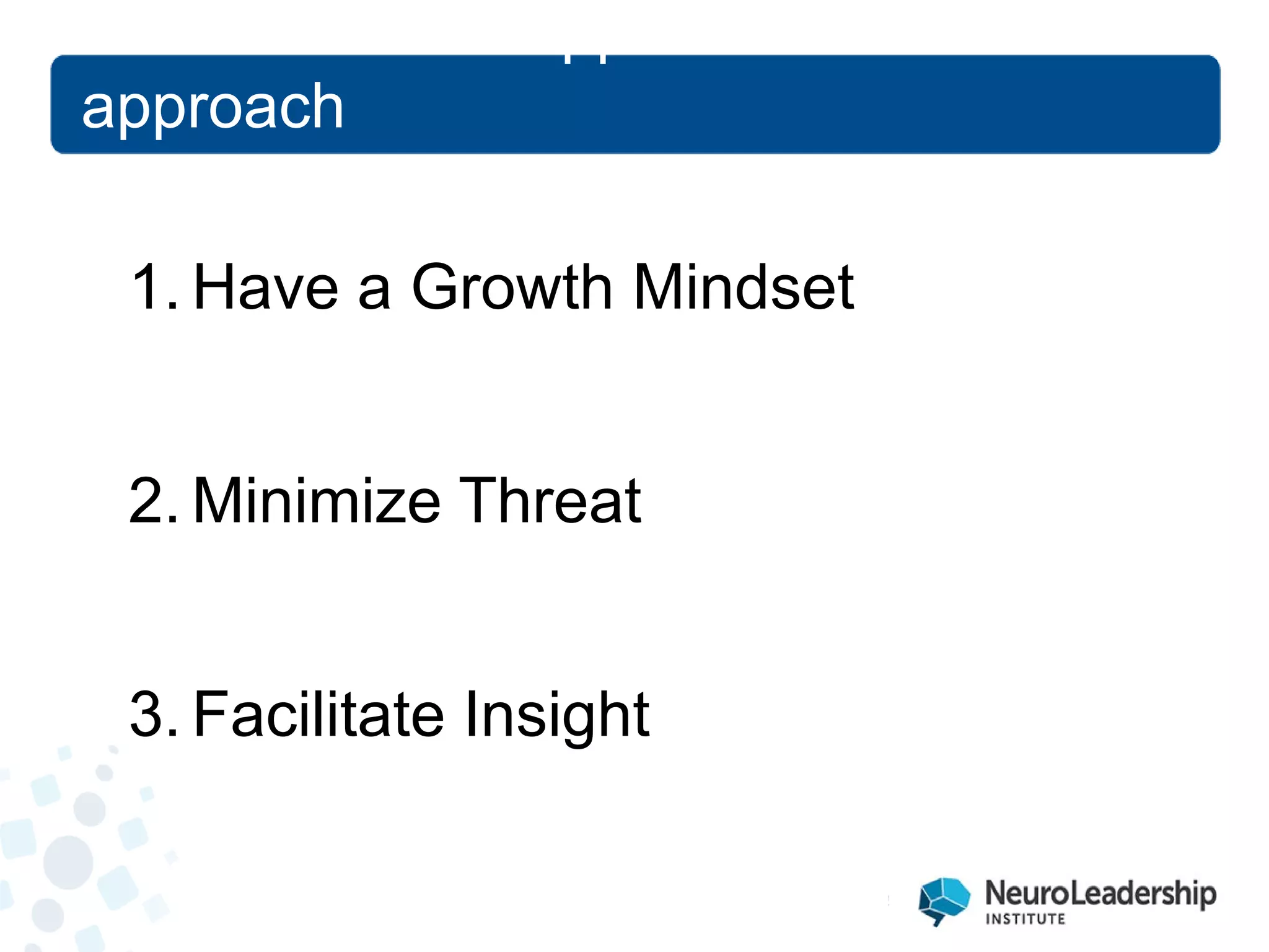 Research that supports a new approach 
1. 
Have a Growth Mindset 
2. 
Minimize Threat 
3. 
Facilitate Insight  