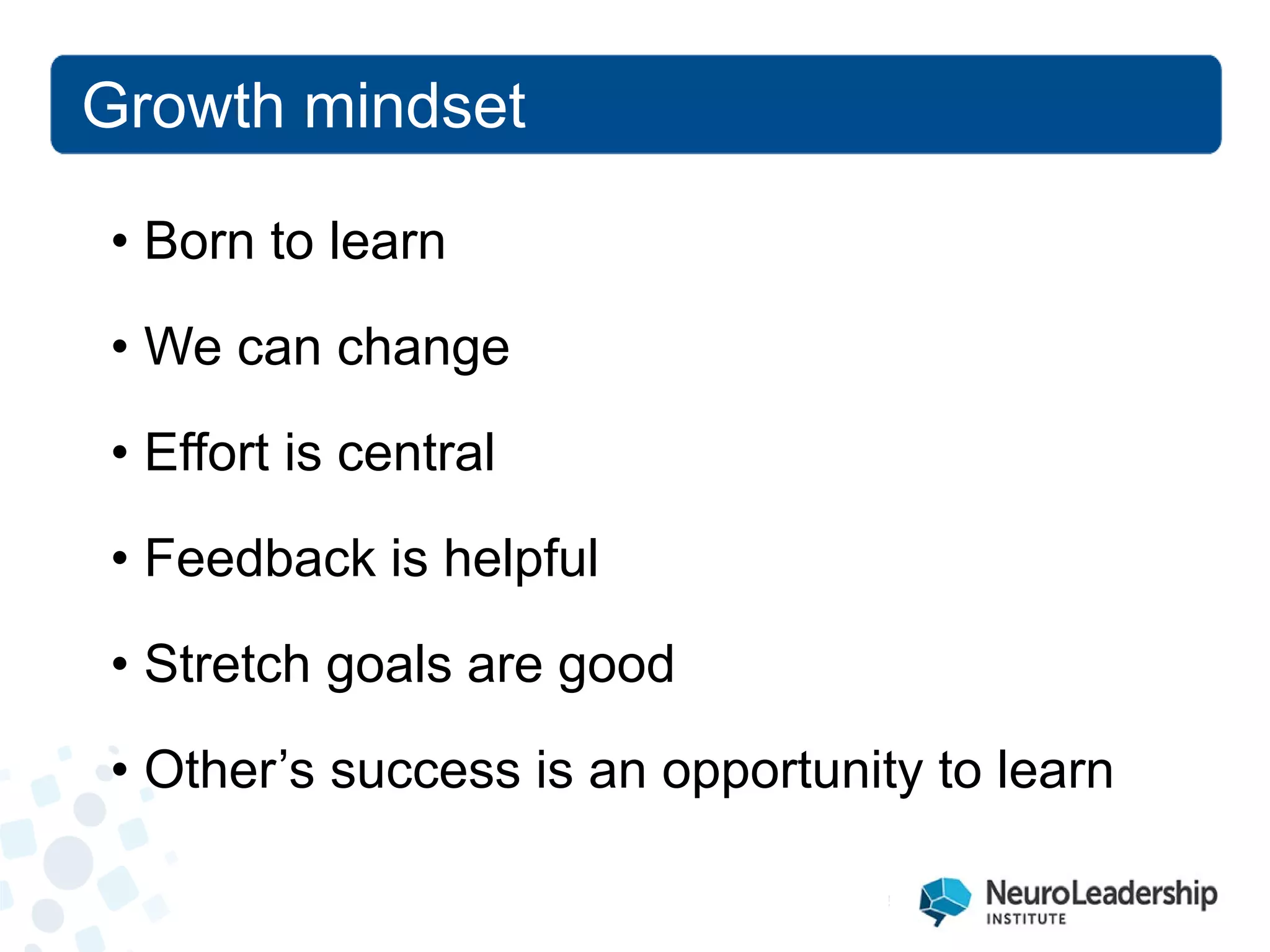 Growth mindset 
• 
Born to learn 
• 
We can change 
• 
Effort is central 
• 
Feedback is helpful 
• 
Stretch goals are good 
• 
Other’s success is an opportunity to learn  