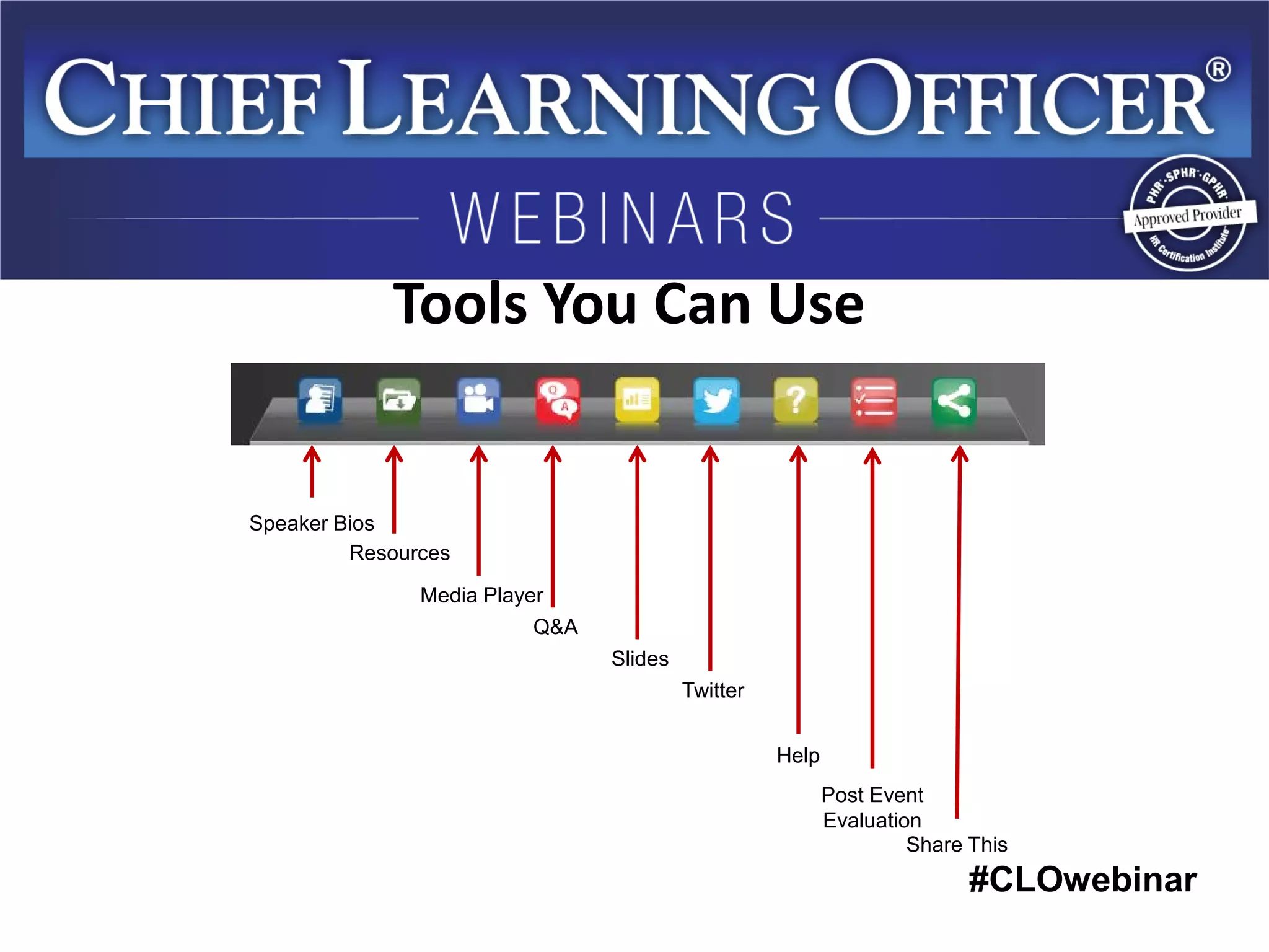 #CLOwebinar 
Tools You Can Use 
Speaker Bios 
Resources 
Media Player 
Q&A 
Slides 
Twitter 
Help 
Post Event 
Evaluation 
Share This  