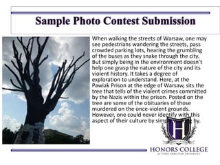 When walking the streets of Warsaw, one may 
see pedestrians wandering the streets, pass 
crowded parking lots, hearing the grumbling 
of the buses as they snake through the city. 
But simply being in the environment doesn’t 
help one grasp the nature of the city and its 
violent history. It takes a degree of 
exploration to understand. Here, at the 
Pawiak Prison at the edge of Warsaw, sits the 
tree that tells of the violent crimes committed 
by the Nazis within the prison. Posted on the 
tree are some of the obituaries of those 
murdered on the once-violent grounds. 
However, one could never identify with this 
aspect of their culture by simply walking by. 
 