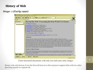 History of Web
6
Stage- 1 (Early 1990)
Form-structured documents with only text and some static images
Mosaic is the only browser, It was the first web browser to allow pictures to appear inline with text, rather
than being opened in a separate tab.
 