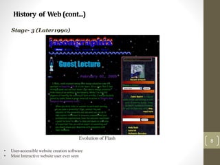 History of Web(cont...)
8
Stage- 3 (Later1990)
Evolution of Flash
• User-accessible website creation software
• Most Interactive website user ever seen
 