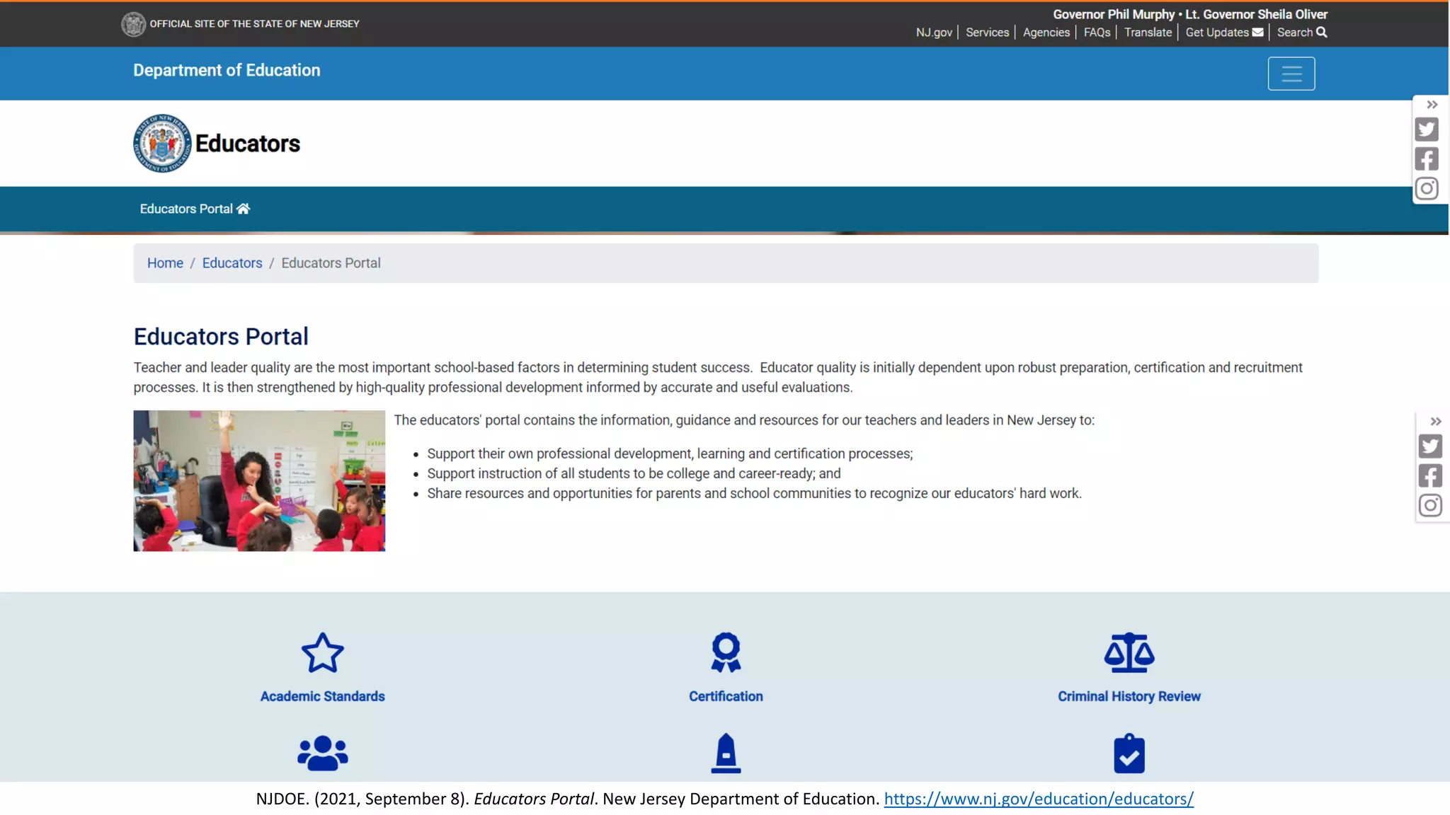 NJDOE. (2021, September 8). Educators Portal. New Jersey Department of Education. https://www.nj.gov/education/educators/
 