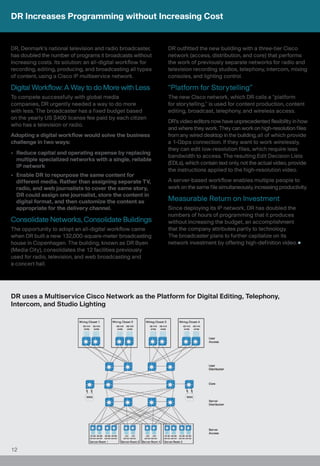 DR Increases Programming without Increasing Cost


DR, Denmark’s national television and radio broadcaster,      DR outfitted the new building with a three-tier Cisco
has doubled the number of programs it broadcasts without      network (access, distribution, and core) that performs
increasing costs. Its solution: an all-digital workflow for   the work of previously separate networks for radio and
recording, editing, producing, and broadcasting all types     television recording studios, telephony, intercom, mixing
of content, using a Cisco IP multiservice network.            consoles, and lighting control.

Digital Workflow: A Way to do More with Less                  “Platform for Storytelling”
To compete successfully with global media                     The new Cisco network, which DR calls a “platform
companies, DR urgently needed a way to do more                for storytelling,” is used for content production, content
with less. The broadcaster has a fixed budget based           editing, broadcast, telephony, and wireless access.
on the yearly US $400 license fee paid by each citizen
                                                              DR’s video editors now have unprecedented flexibility in how
who has a television or radio.
                                                              and where they work. They can work on high-resolution files
Adopting a digital workflow would solve the business          from any wired desktop in the building, all of which provide
challenge in two ways:                                        a 1-Gbps connection. If they want to work wirelessly,
                                                              they can edit low-resolution files, which require less
• Reduce capital and operating expense by replacing
                                                              bandwidth to access. The resulting Edit Decision Lists
  multiple specialized networks with a single, reliable
                                                              (EDLs), which contain text only, not the actual video, provide
  IP network
                                                              the instructions applied to the high-resolution video.
• Enable DR to repurpose the same content for
  different media. Rather than assigning separate TV,         A server-based workflow enables multiple people to
  radio, and web journalists to cover the same story,         work on the same file simultaneously, increasing productivity.
  DR could assign one journalist, store the content in
  digital format, and then customize the content as           Measurable Return on Investment
  appropriate for the delivery channel.                       Since deploying its IP network, DR has doubled the
                                                              numbers of hours of programming that it produces
Consolidate Networks, Consolidate Buildings                   without increasing the budget, an accomplishment
The opportunity to adopt an all-digital workflow came         that the company attributes partly to technology.
when DR built a new 132,000-square-meter broadcasting         The broadcaster plans to further capitalize on its
house in Copenhagen. The building, known as DR Byen           network investment by offering high-definition video.
(Media City), consolidates the 12 facilities previously
used for radio, television, and web broadcasting and
a concert hall.




DR uses a Multiservice Cisco Network as the Platform for Digital Editing, Telephony,
Intercom, and Studio Lighting




12
 