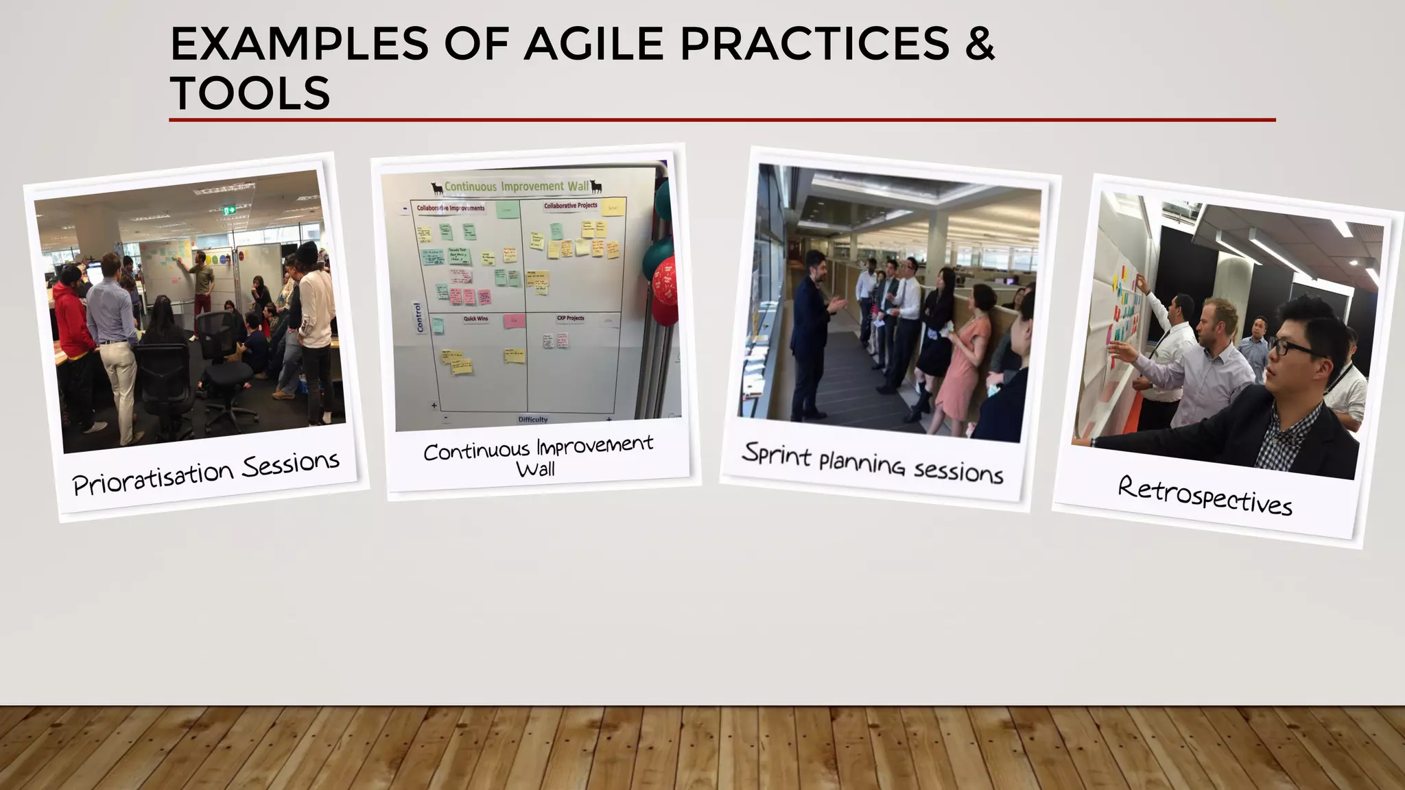 EXAMPLES OF AGILE PRACTICES &
TOOLS
 