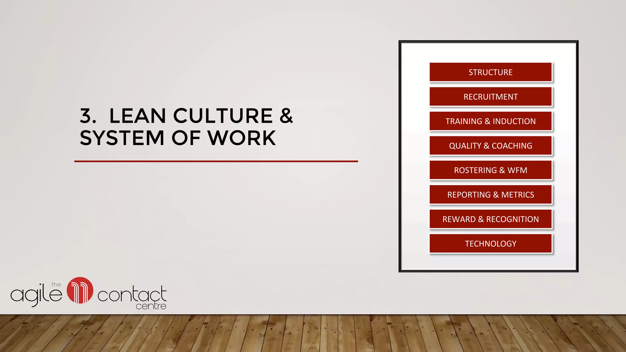 3. LEAN CULTURE &
SYSTEM OF WORK
STRUCTURE	
RECRUITMENT	
TRAINING	&	INDUCTION		
QUALITY	&	COACHING	
ROSTERING	&	WFM	
REPORTING	&	METRICS	
REWARD	&	RECOGNITION	
TECHNOLOGY	
 