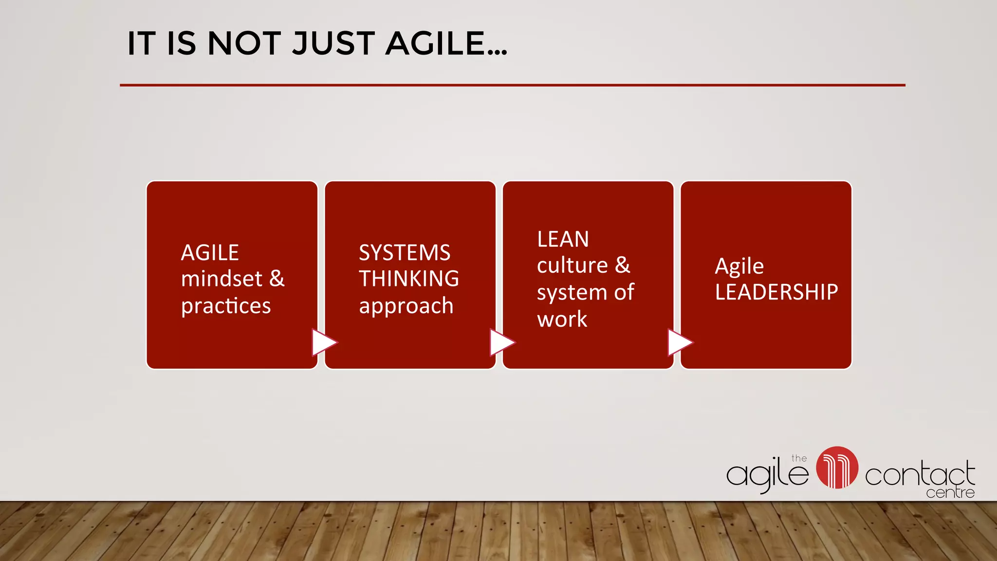 IT IS NOT JUST AGILE…
AGILE	
mindset	&	
prac3ces	
SYSTEMS	
THINKING	
approach	
LEAN	
culture	&	
system	of	
work	
Agile	
LEADERSHIP	
 