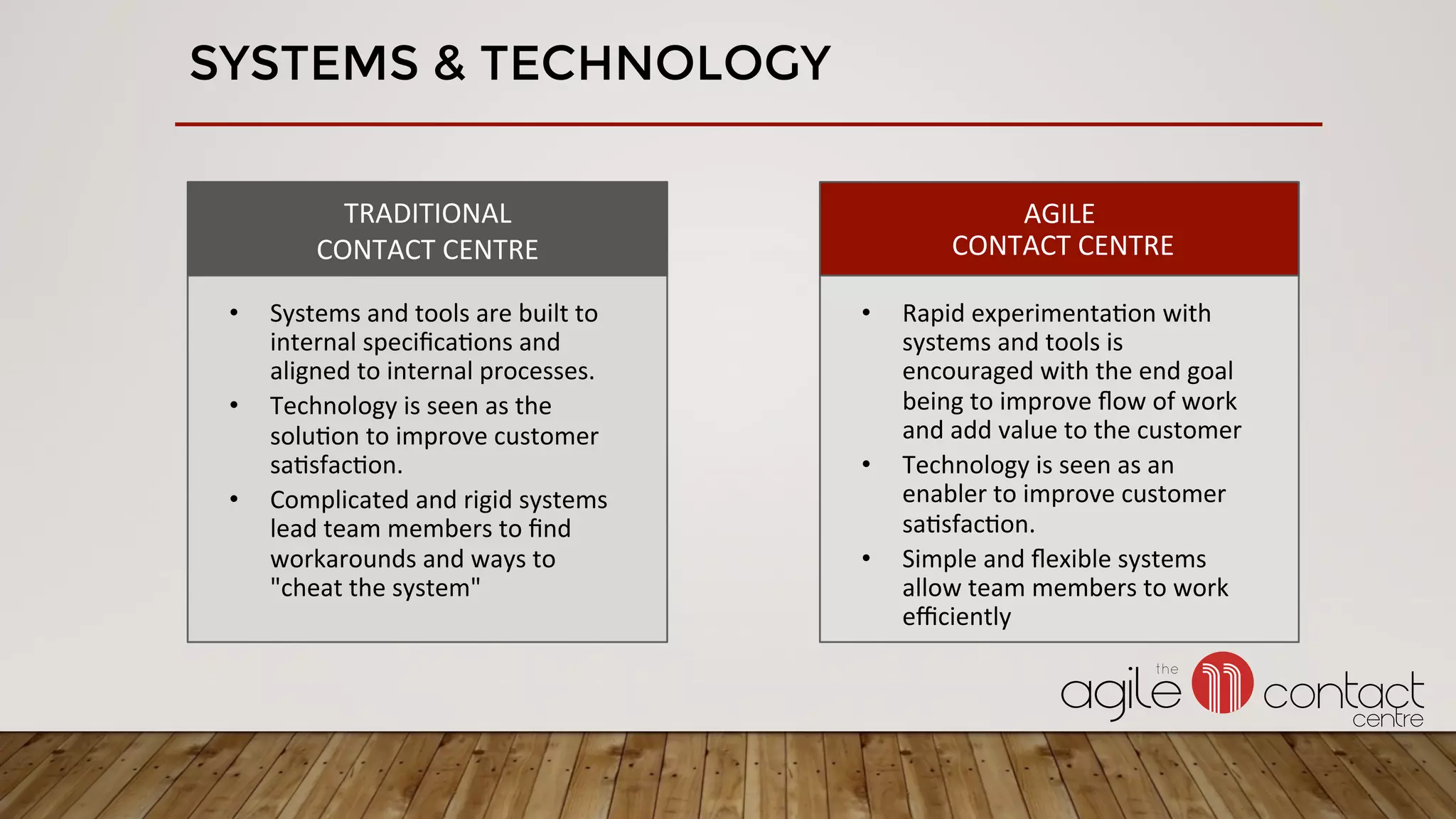 SYSTEMS & TECHNOLOGY
TRADITIONAL	
CONTACT	CENTRE	
•  Systems	and	tools	are	built	to	
internal	speciﬁca3ons	and	
aligned	to	internal	processes.	
•  Technology	is	seen	as	the	
solu3on	to	improve	customer	
sa3sfac3on.	
•  Complicated	and	rigid	systems	
lead	team	members	to	ﬁnd	
workarounds	and	ways	to	
"cheat	the	system"	
AGILE	
	CONTACT	CENTRE	
•  Rapid	experimenta3on	with	
systems	and	tools	is	
encouraged	with	the	end	goal	
being	to	improve	ﬂow	of	work	
and	add	value	to	the	customer	
•  Technology	is	seen	as	an	
enabler	to	improve	customer	
sa3sfac3on.	
•  Simple	and	ﬂexible	systems	
allow	team	members	to	work	
eﬃciently	
 