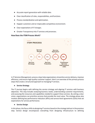 ● Accurate report generation with reliable data.
● Clear classification of roles, responsibilities, and functions.
● Process standardization and optimization.
● Happier customers and an impeccable competitive environment.
● Clear expectations of IT changes.
● Greater Transparency into IT services and processes.
How Does the ITSM Process Work?
In IT Services Management, process steps help organizations streamline service delivery, improve
efficiency, and ensure high-quality customer support. Here’s an overview of the primary process
steps that create a structured approach to managing IT services.
● Service Strategy
The IT journey begins with defining the service strategy and aligning IT services with business
objectives. This step includes analyzing business needs, understanding customer requirements,
and assessing the resources and capabilities needed to support these services. By setting a clear
vision, organizations can prioritize services that provide the most value. The strategy phase also
involves defining key performance indicators (KPIs) and service-level agreements (SLAs) that set
expectations for service performance.
● Service Design
In this phase, the focus shifts to designing IT services based on the strategy laid out in the previous
step. Service design encompasses everything from designing infrastructure to defining
 