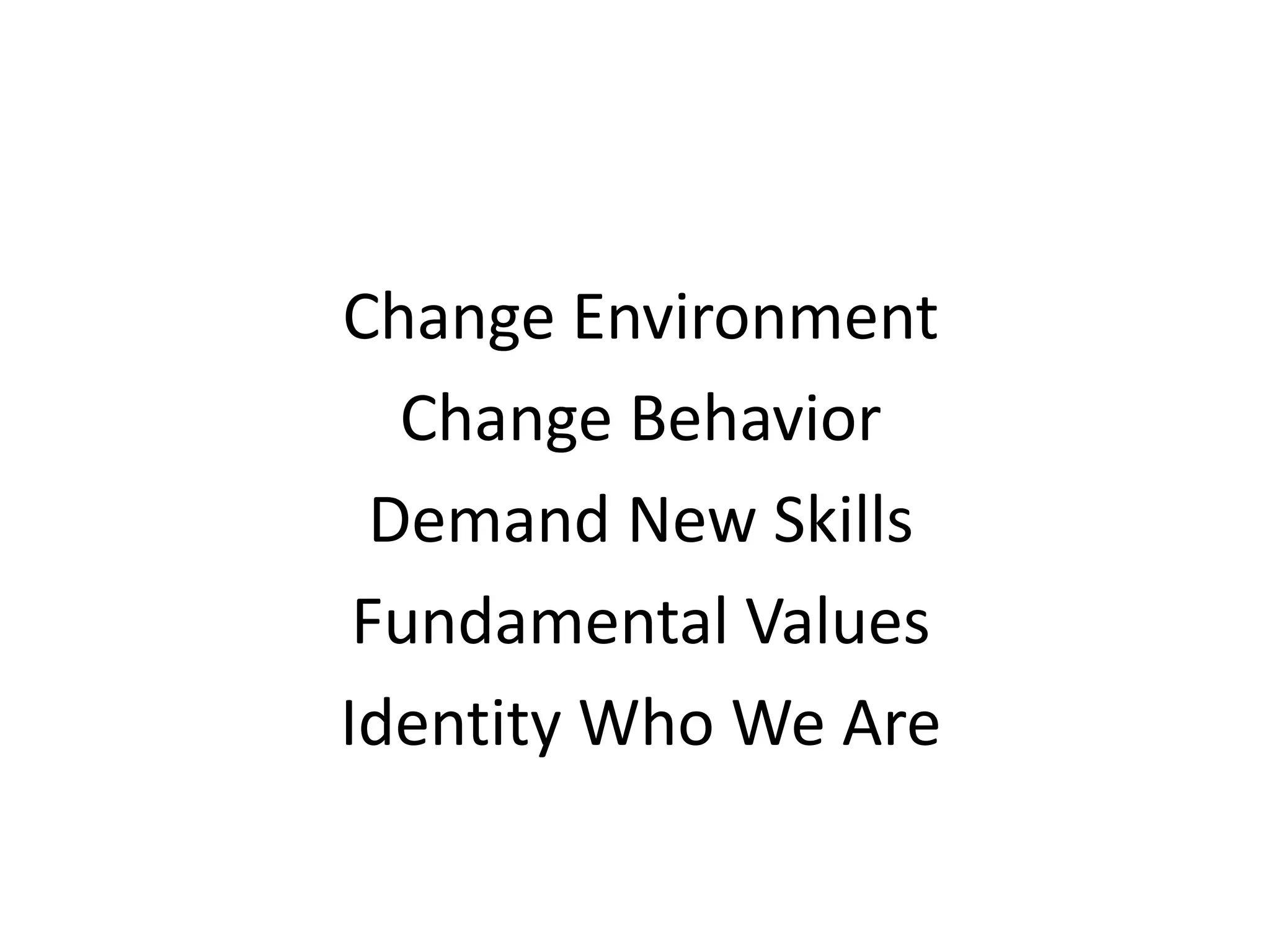 Change Environment
Change Behavior
Demand New Skills
Fundamental Values
Identity Who We Are
 