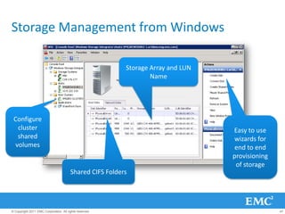 Storage Management from Windows

                                                          Storage Array and LUN
                                                                  Name




 Configure
  cluster                                                                         Easy to use
  shared                                                                           wizards for
 volumes                                                                           end to end
                                                                                  provisioning
                                                                                   of storage
                                        Shared CIFS Folders




© Copyright 2011 EMC Corporation. All rights reserved.                                           47
 