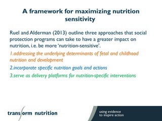 A framework for maximizing nutrition
sensitivity
Ruel and Alderman (2013) outline three approaches that social
protection ...