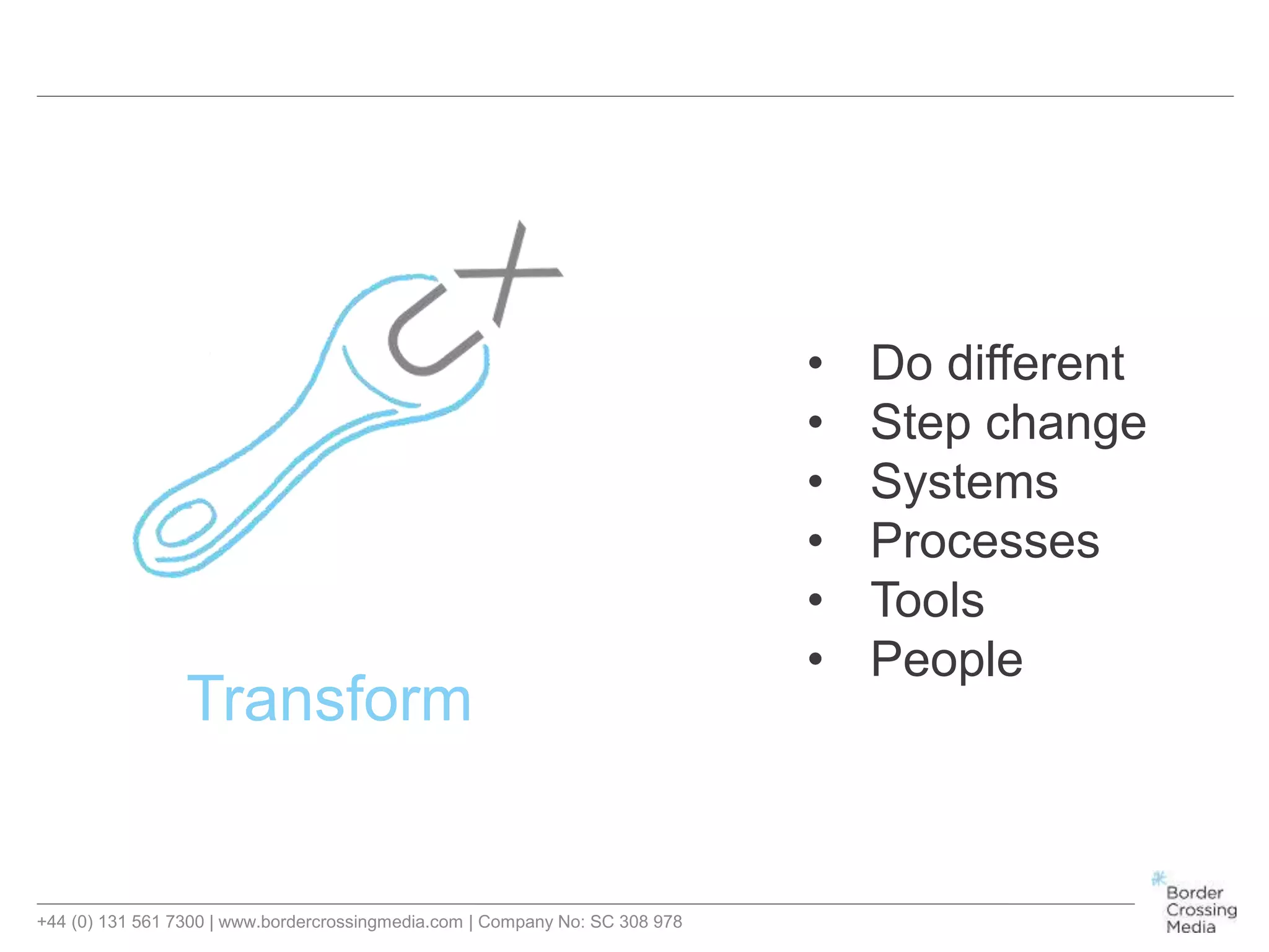 +44 (0) 131 561 7300 | www.bordercrossingmedia.com | Company No: SC 308 978
Transform
• Do different
• Step change
• Systems
• Processes
• Tools
• People
 