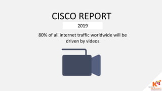 CISCO REPORT
2019
80% of all internet traffic worldwide will be
driven by videos
 