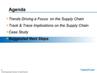 Agenda Trends Driving a Focus  on the Supply Chain Track & Trace Implications on the Supply Chain Case Study Suggested Next Steps 